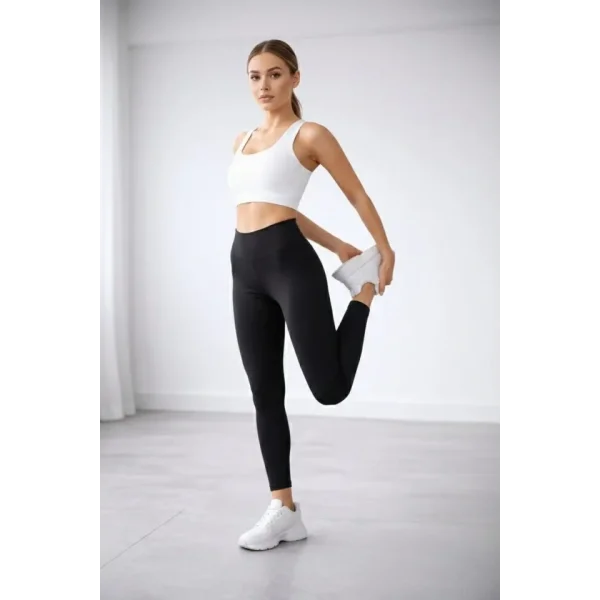 Yüksek Bel Toparlayıcı Likralı Düz Sporcu Tayt - Siyah