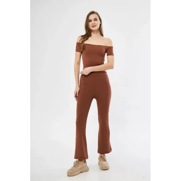 Yüksel Bel Fitilli İspanyol Paça Tayt  Kahve