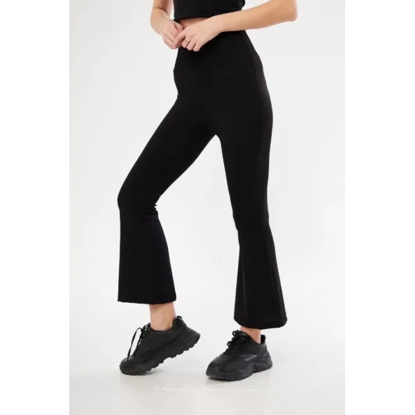 Yüksel Bel Fitilli İspanyol Paça Tayt - Siyah