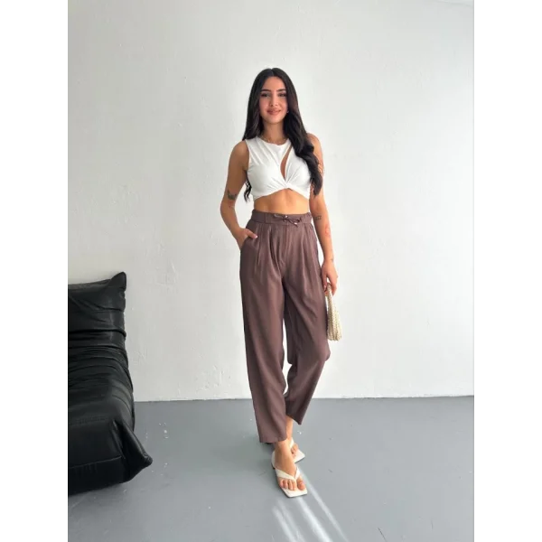 Yüksel Bel Rahat Paça Pantalon - Kahverengi