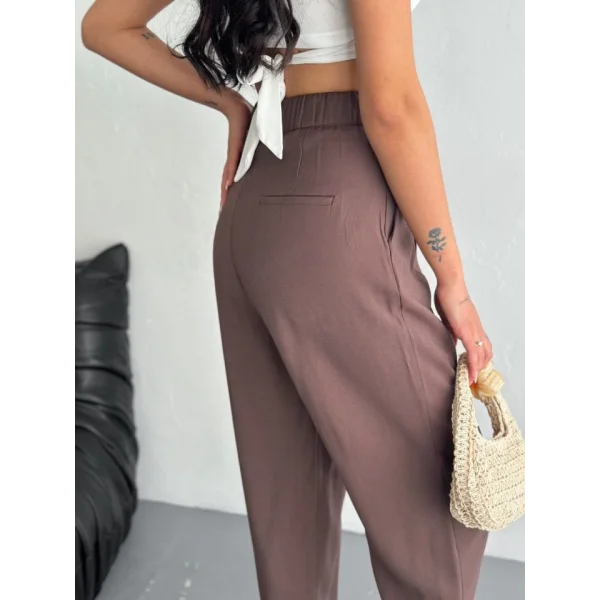 Yüksel Bel Rahat Paça Pantalon - Kahverengi