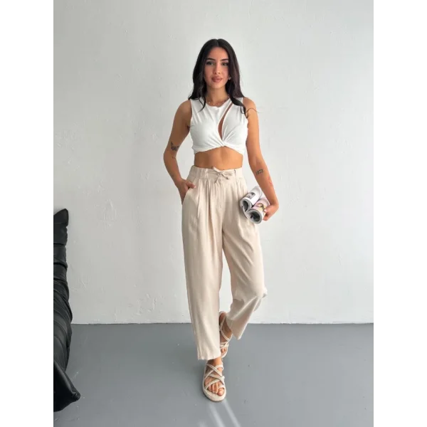 Yüksel Bel Rahat Paça Pantalon - Kırık Beyaz