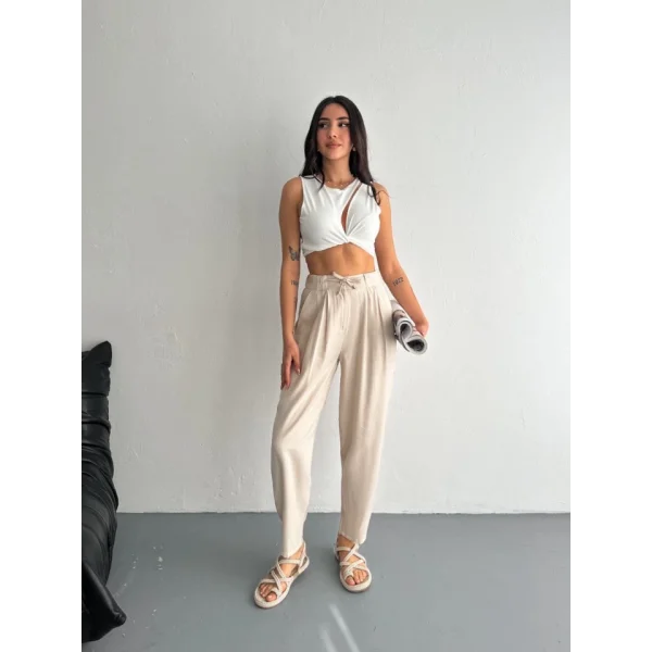 Yüksel Bel Rahat Paça Pantalon - Kırık Beyaz