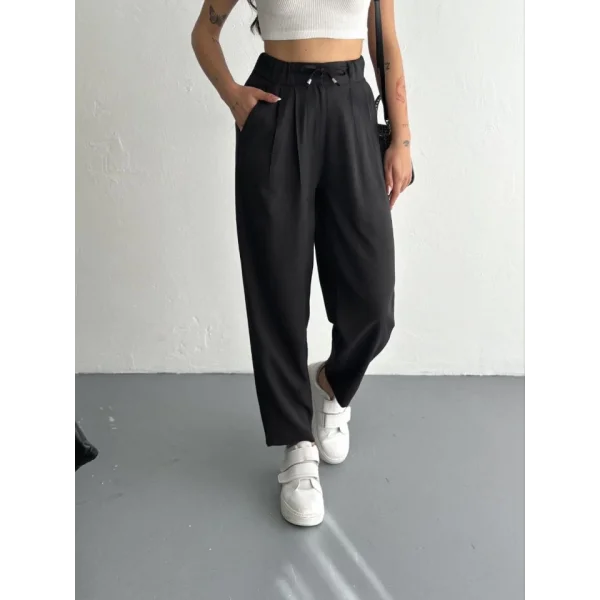 Yüksel Bel Rahat Paça Pantalon - Siyah