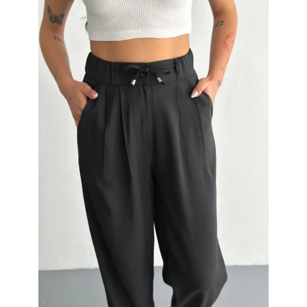 Yüksel Bel Rahat Paça Pantalon - Siyah