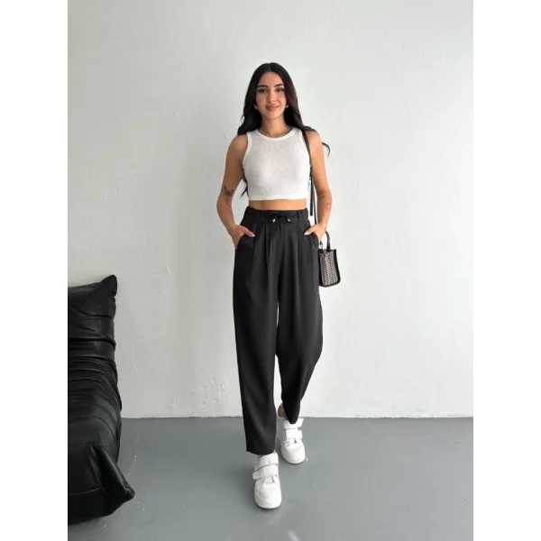 Yüksel Bel Rahat Paça Pantalon - Siyah