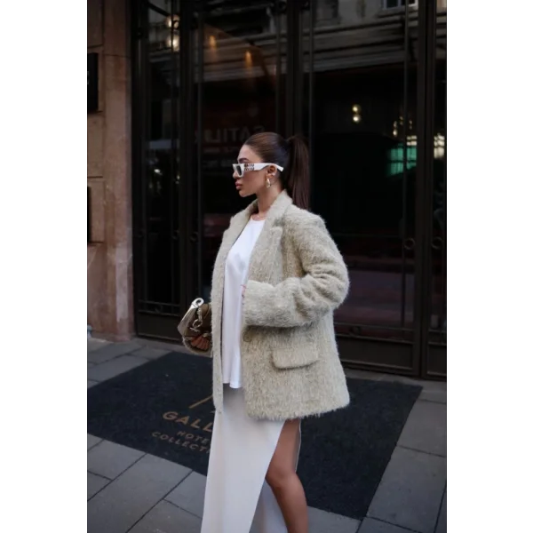 Yün Keçe Görünümlü Blazer Ceket Kaban Çimen Yeşili