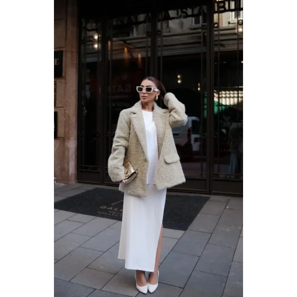 Yün Keçe Görünümlü Blazer Ceket Kaban- Çimen Yeşili