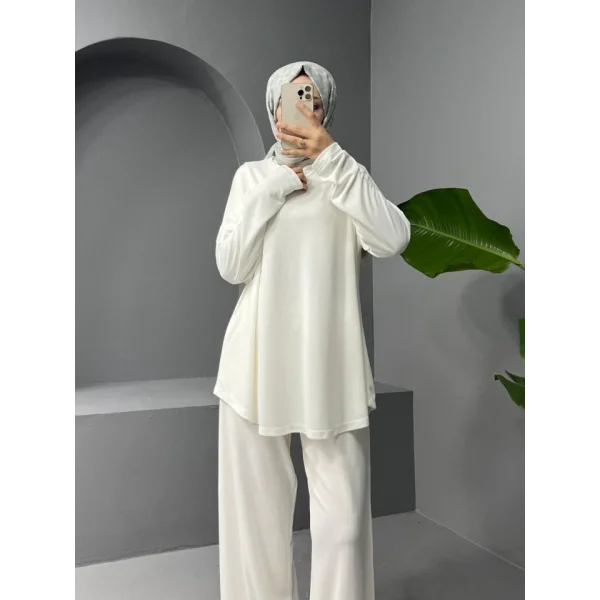 Yuvarlak Yaka Oval Kesim Cepli Pantolonlu Osyho Takım -Beyaz