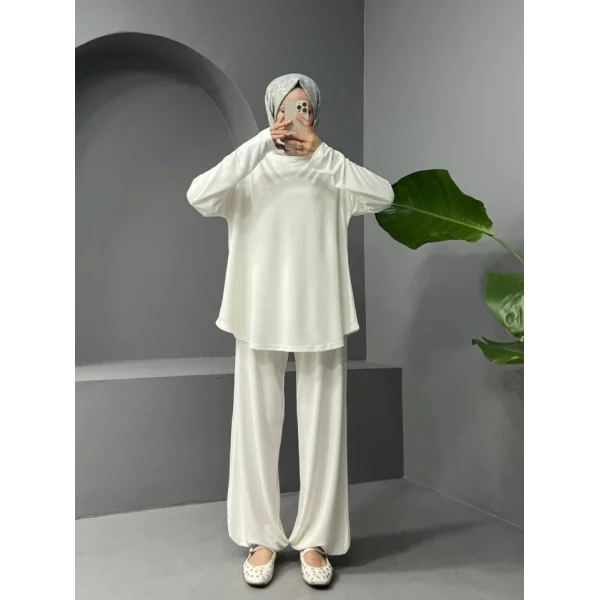 Yuvarlak Yaka Oval Kesim Cepli Pantolonlu Osyho Takım -Beyaz
