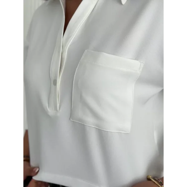 Z Krep Kadın Crop Yakalı Gömlek İlik Düğmeli Üç Çeyrek Sleeve Kol - Beyaz