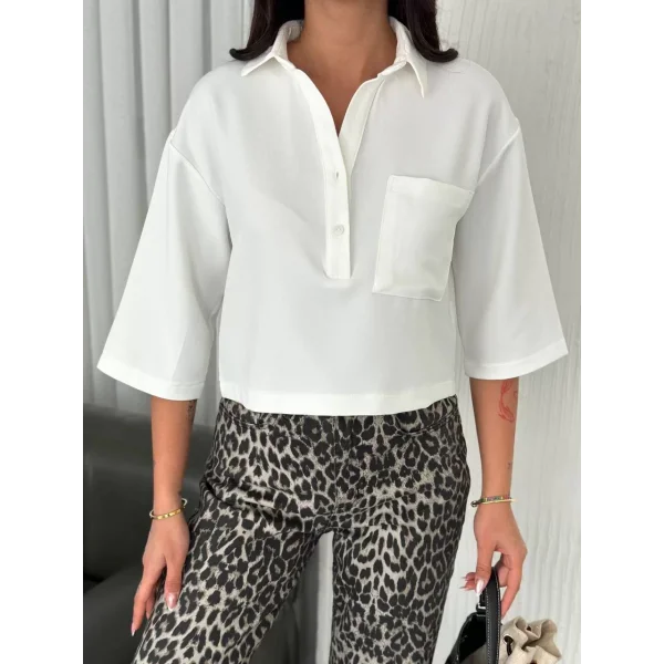 Z Krep Kadın Crop Yakalı Gömlek İlik Düğmeli Üç Çeyrek Sleeve Kol - Beyaz