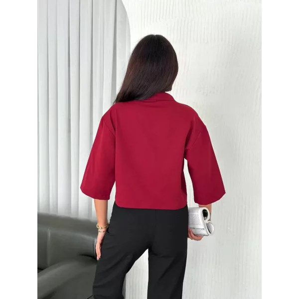Z Krep Kadın Crop Yakalı Gömlek İlik Düğmeli Üç Çeyrek Sleeve Kol - Bordo