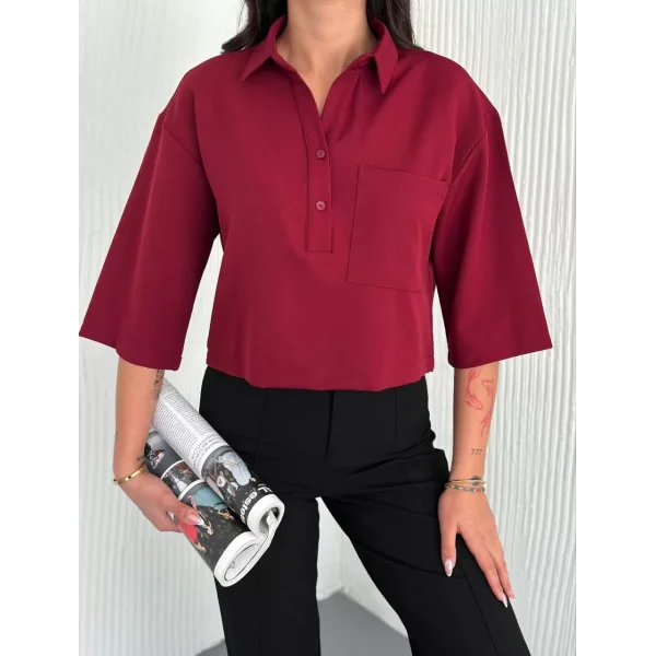 Z Krep Kadın Crop Yakalı Gömlek İlik Düğmeli Üç Çeyrek Sleeve Kol - Bordo