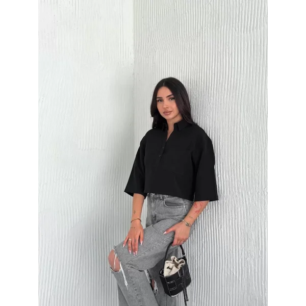 Z Krep Kadın Crop Yakalı Gömlek İlik Düğmeli Üç Çeyrek Sleeve Kol - Siyah
