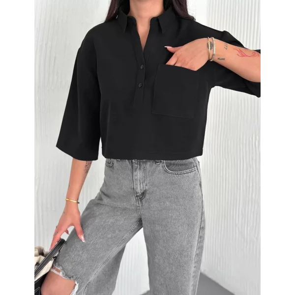 Z Krep Kadın Crop Yakalı Gömlek İlik Düğmeli Üç Çeyrek Sleeve Kol - Siyah
