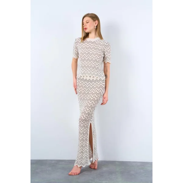 Zikzak Desenli Etekli Takım  KremSiyah