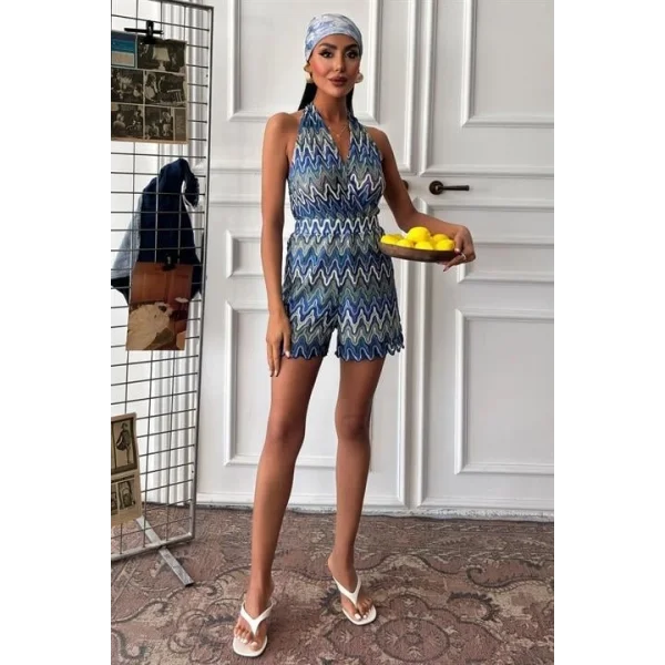 Zikzak Desenli Multi Renk Geçişli Mini Tulum 1365