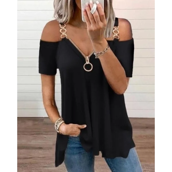 Zincir Askılı Yaka Fermuar Detay Viskon Bluz