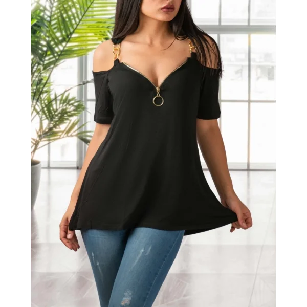 Zincir Askılı Yaka Fermuar Detay Viskon Bluz