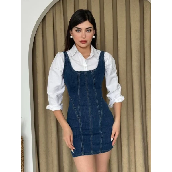 Zippe Detaylı Denim Elbise