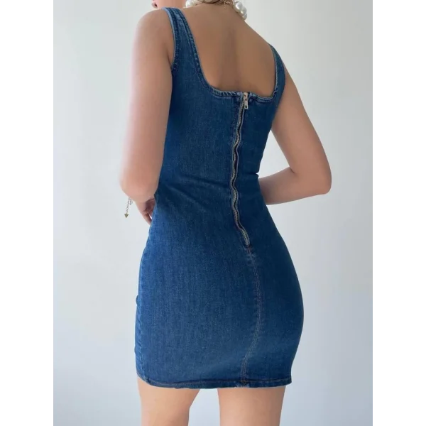 Zippe Detaylı Denim Elbise