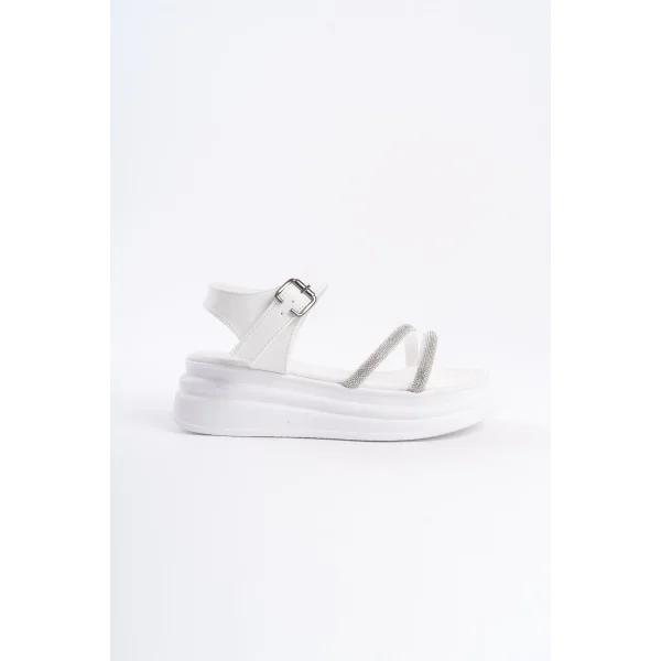 ZLOHE Kalın Tokalı Taşlı Şeritli Ortopedik Taban Kadın Sandalet CBT - Beyaz