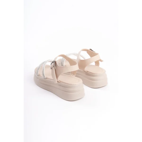 ZLOHE Kalın Tokalı Taşlı Şeritli Ortopedik Taban Kadın Sandalet  CKT - Krem