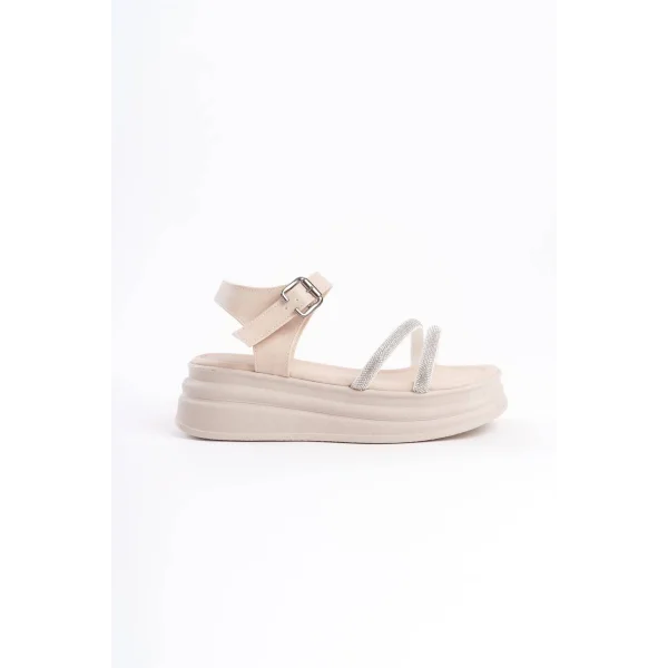 ZLOHE Kalın Tokalı Taşlı Şeritli Ortopedik Taban Kadın Sandalet  CKT - Krem