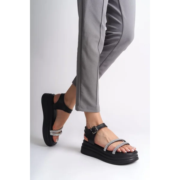 ZLOHE Kalın Tokalı Taşlı Şeritli Ortopedik Taban Kadın Sandalet  CST - Siyah