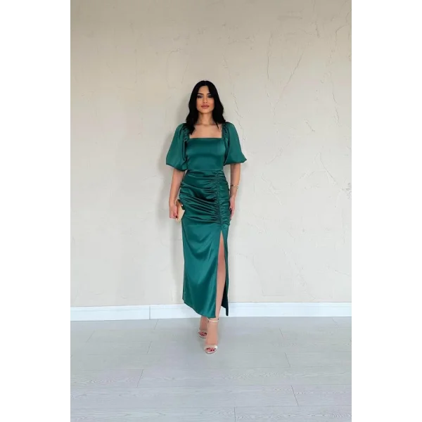 Zümrüt Büzgülü Saten Elbise