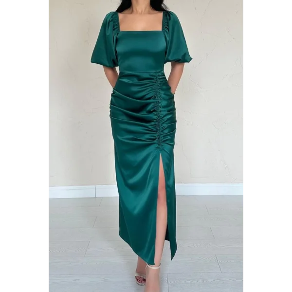 Zümrüt Büzgülü Saten Elbise