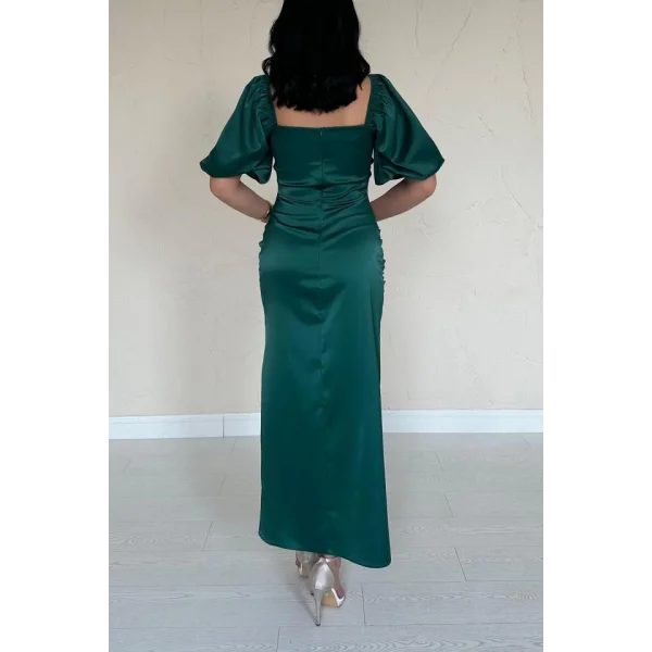 Zümrüt Büzgülü Saten Elbise
