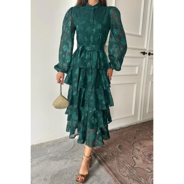 Zümrüt Valonlu Şeritli Kat Kat Elbise