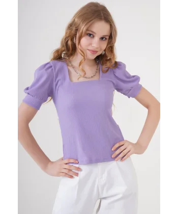 0409 Kare Yaka Örme Bluz - Lila