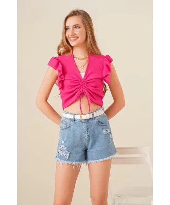 0423 Crop Örme Bluz  Fuşya