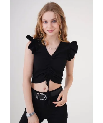 0423 Crop Örme Bluz  Siyah