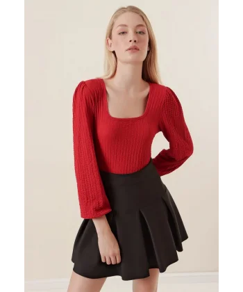 0442 Uzun Kollu Bluz - Kırmızı