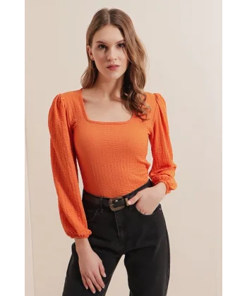 0442 Uzun Kollu Bluz - Turuncu