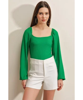 0465 Balon Kollu Örme Bluz  Yeşil