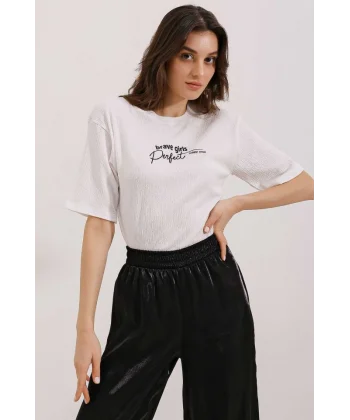 0472 Baskılı Oversize Örme Tişört - Beyaz