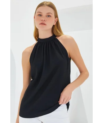 0489 Halter Yaka Örme Bluz - Siyah