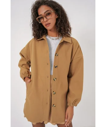 0674 Cepli Oversize Gömlek  Hardal