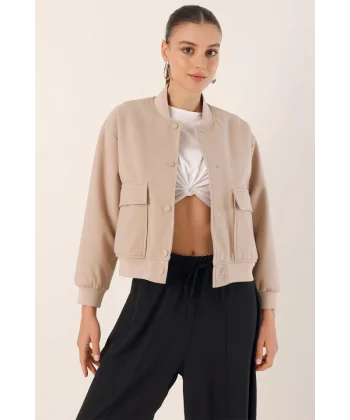 0688 Çift Cepli Bomber Ceket  Bej