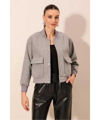 0688 Çift Cepli Bomber Ceket  Gri