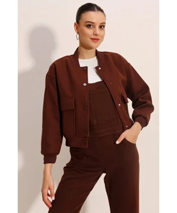 0688 Çift Cepli Bomber Ceket  Kahverengi