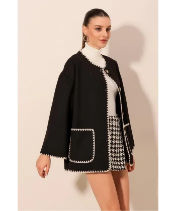 0690 Boyfriend Nakışlı Kaşe Ceket  Siyah