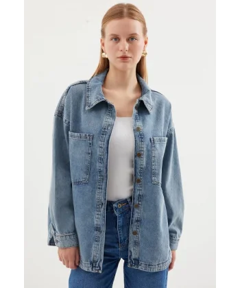 0694 Çift Cepli Oversize Denim Ceket - Buz Mavi