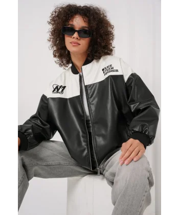 0698 Baskılı Suni Deri Bomber Ceket - Beyaz