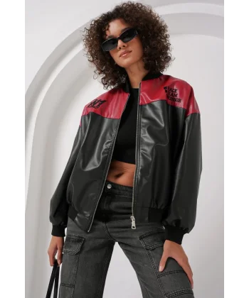 0698 Baskılı Suni Deri Bomber Ceket  Bordo
